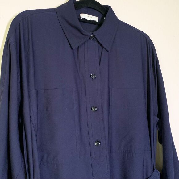 Vince Utility Midi Shirt Dress S Navy Blue Long Sleeves Pockets - Picture 2 of 8